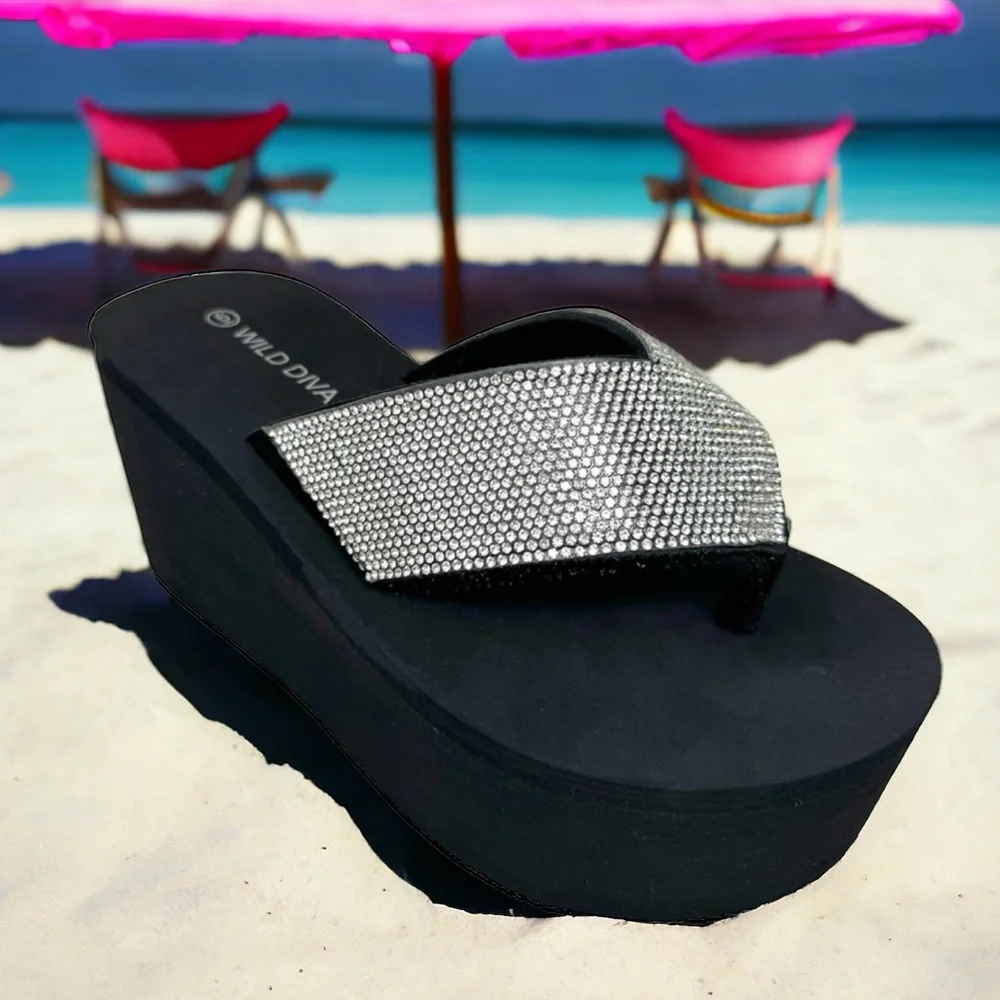 Wild Diva Heat Pink Y2K Rhinestone Embellished Ultra Platform Wedge Sandals